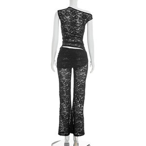 Viviblook J26ST060 Women <b>Set</b> Sexy Solid Color Sheer Off Shoulder Top Sexy Slim Fit Lace Pants Two Piece <b>Set</b> - Product Image 6