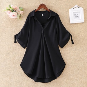 Mittellange, kurzärmelige Chiffonbluse mit asymmetrischem Revers für Damen – Sommer 2026, neuer Stil, Übergröße, locker sitzend, taillenbetonend, schlankmachend - Product Image 6