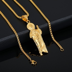 Collier en acier inoxydable San Judas Tadeo, pendentif Saint Jude en or 18 carats, chaîne cubaine, bijoux religieux pour hommes, style hip-hop - Product Image 2