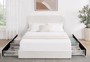 Modern Queen Size Ivory Boucle Upholstery Platform <b>Bed</b> 4-Drawer Storage Curved Stitched Tufted Headboard Wood Frame Adjustable - Product Image 5