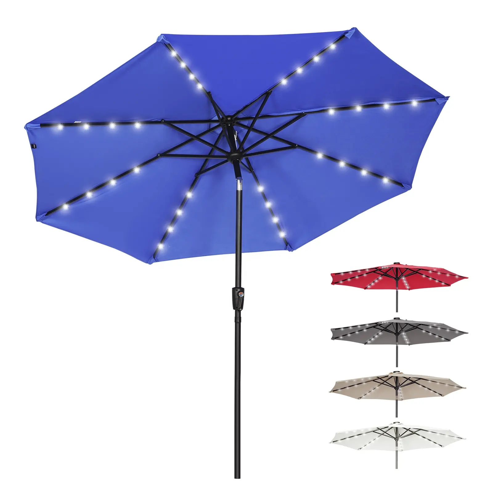 24 adet boncuk ile 2.7m yuvarlak düz şemsiye açık şemsiye Led ışıkları ile güneş veranda şemsiyesi Polyester avrupa çelik direk