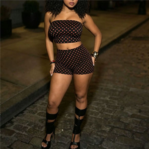 Puantiyeli Baskı 2 Parça Set Kadın Seksi Straplez Kolsuz Crop Tops ve Dar Şort Sıcak Kız Sokak Kıyafetleri - Product Image 3