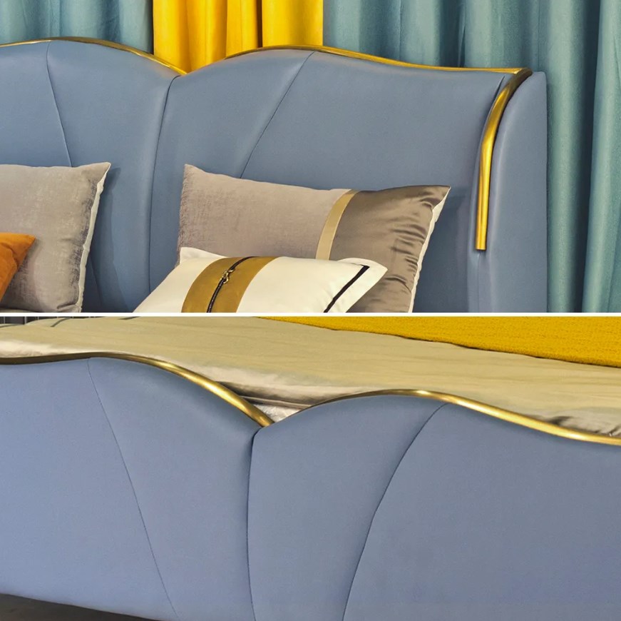 Blue queen faux leather upholstered bed frame low profile platform bed