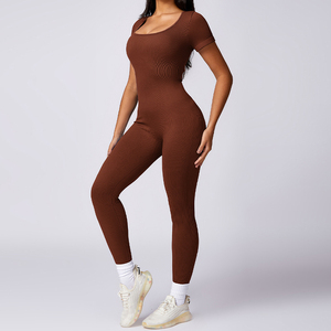 Fil haute résistance à manches courtes Fitness Sportswear vêtements serrés sans couture une pièce Yoga costume femmes combinaisons combishorts - Product Image 3