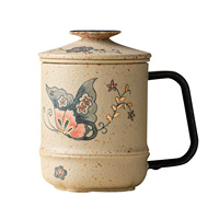 Tasse à thé en céramique Dehua avec couvercle, 331 ml, motif floral papillon peint à la main, accents bleus-rouges dorés, option coffret cadeau