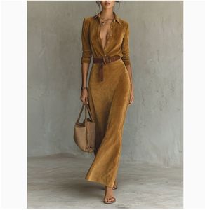 Vestido Largo <span class=keywords><strong>de</strong></span> Gamuza con Cintura Ajustada para Otoño e Invierno, Estilo Europeo <span class=keywords><strong>y</strong></span> Americano, con Cinturón, Elegante <span class=keywords><strong>y</strong></span> Moderno - Product Image 1
