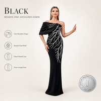 Robe de soirée noire asymétrique perlée pour femme JINYUAN, en satin drapé, coupe fourreau, vente en gros, fournisseur d'usine OEM ODM