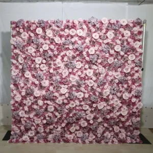Wedding Prop Faux Customization Roll Up Fabric Pink Rose Floral Purple Flower Wall Backdrop For Wedding Party