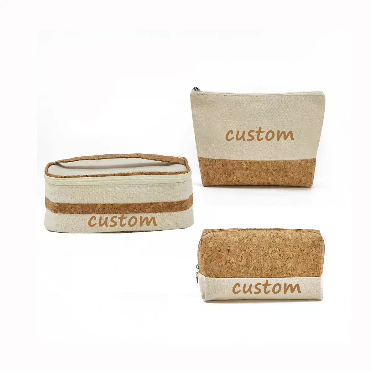 European-style cotton canvas finishing bag Primary wood grain travel toiletry bag set Environmental protection cork makeup bag