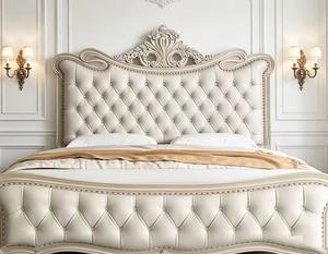 Premium Queen Size Cream Tufted <b>Bed</b> With Ornate Carved Floral Headboard & Nailhead Trim For Luxury Bedroom - Product Image 6