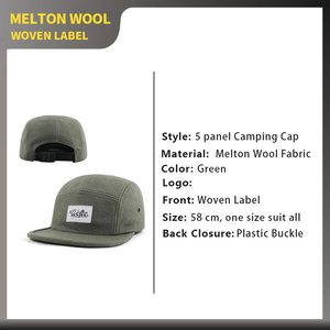 Casquettes de camping à 5 panneaux en laine Melton à bord plat, personnalisées OEM ODM, avec étiquette tissée, unisexes, chaudes pour l'hiver, réglables, pour la course à pied - Product Image 2