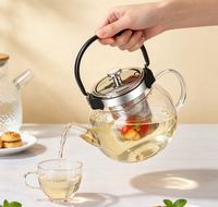 Théière classique en verre borosilicate texturé diamanté avec poignée en métal noir, bouilloire artisanale avec infuseur en acier inoxydable pour thé en vrac