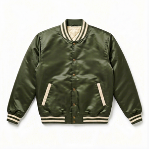 Chaqueta Varsity Impermeable de Satén Verde Oliva para Hombre, Cuello Alto, Cierre de Botones, Ropa Exterior Casual de Invierno - Product Image 1