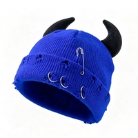 Bonnet unisexe en tricot avec cornes, style déchiré, motif petites oreilles de diable, tendance hip-hop, coupe ample, pour l'hiver, vente en gros