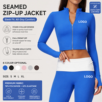 Veste courte OEM personnalisée en coton biologique pour femme, à col montant, fermeture éclair intégrale, avec passe-pouces, très extensible, pour le yoga, l'entraînement et le fitness, fabrication usine