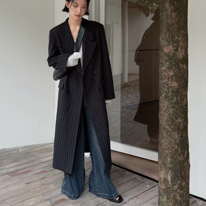 Giacca da <span class=keywords><strong>donna</strong></span> con Longline doppiopetto gessato, <span class=keywords><strong>Trench</strong></span> <span class=keywords><strong>oversize</strong></span> con risvolto per eleganti spostamenti - Product Image 1