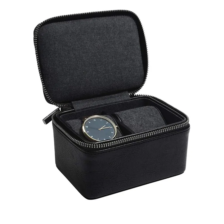 Hochwertiges PU-Leder Schwarz Double Zipped Watch Box Travel