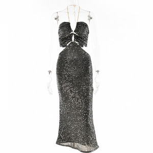 Sexy Halter <b>Sequin</b> Cutout Dress Black Evening Women's Style Natural Waistline Solid Color Polyester <b>Fabric</b> FD9586 - Product Image 5