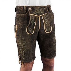 Pantalones Cortos de Cuero Bávaros Tradicionales, Color Marrón, Traje Tradicional Alemán, Lederhosen Marrón con Bordado - Product Image 1