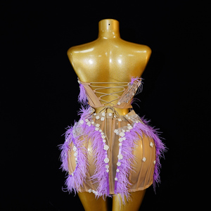 Mini-robe de scène professionnelle lavande ornée de plumes et de cristaux, style corset à baleines, décolleté plongeant en V, dos en maille transparente à lacets, pour spectacle de showgirl - Product Image 2