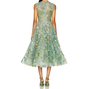 <span class=keywords><strong>Robe</strong></span> midi personnalisée pour <span class=keywords><strong>femme</strong></span>, vert sauge, broderie florale 3D, coupe trapèze, élégante, en maille, pour <span class=keywords><strong>mariage</strong></span>, <span class=keywords><strong>cocktail</strong></span>, soirée, jardin - Product Image 3