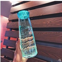Vente flash : Bouteille d'eau en verre diamant portable de 420 ml, couleurs rose, bleu, vert, violet, jaune, avec couvercle