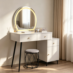 Modern Makeup <b>Vanity</b> With Lighted Oval <b>Mirror</b> Storage Drawers Bedroom <b>Dressing</b> <b>Table</b> With Stool - Product Image 6