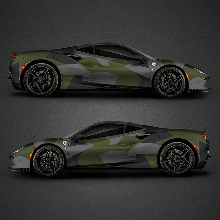 Full vehicle car boat truck wrap camo red yellow black and white gray green camouflage vinyl car wrap