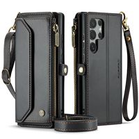 Étui de téléphone en cuir magnétique multifonction pour Samsung S24FE/S26/A15 avec fermeture éclair, cordon et design à rabat - Fait main