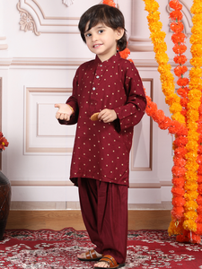 Conjunto de Kurta y Pijama Color Granate para Niños, Ropa Étnica Tradicional para Fiestas, Bodas y Eventos, Conjunto de Kurta Cómodo y Elegante - Product Image 4