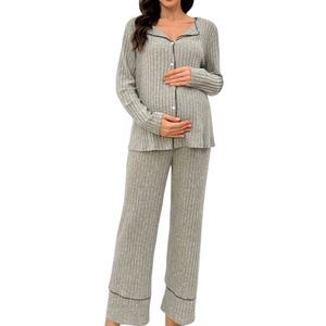 Conjunto de Pijama de Maternidad de Manga Larga con Cuello Solapa y Pantalones Acanalados para Embarazadas, Pijama de Bambú Personalizado para Mujer - Product Image 1