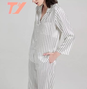Wholesale Custom Fall Winter Women Clothing Long Sleeve <strong>Black</strong> Stripe Two Piece Pajama Set Loungewear Satin <strong>Silk</strong> Pjs <strong>Pyjamas</strong> - Product Image 3