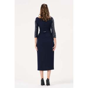 Robe élégante pour femme DANS, bleu marine, motif uni, coupe classique, col rond et manches longues, pour toutes les saisons - Product Image 5