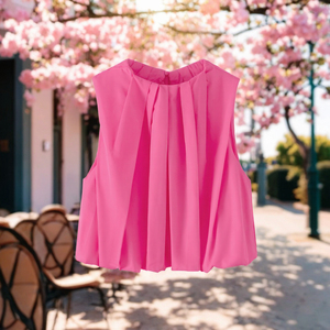 Blusa de gasa plisada sin mangas rosa para mujer, blusa holgada de color liso para fiesta, estilo elegante para primavera y verano - Product Image 3