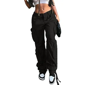 Calças cargo de cintura alta, para mulheres, jogger retas, perna larga, calças de paraquedas y2k