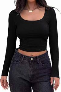 I-0703 Nueva Camiseta de Mujer de Manga Corta con Cuello Redondo, Estilo Europeo Americano, Tejido Regular de Poliéster, con Rayas en el Pecho - Product Image 6