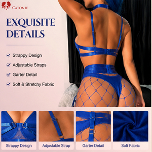 Ensemble de lingerie sexy <span class=keywords><strong>bleu</strong></span> pour femme, comprenant un crop top, une culotte, une jarretière <span class=keywords><strong>et</strong></span> des <span class=keywords><strong>bas</strong></span> résille, ajustable, vêtements intimes - Product Image 2