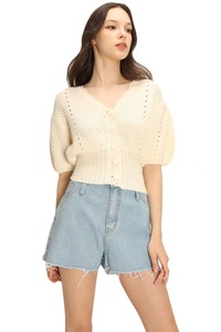 Cárdigan de <span class=keywords><strong>punto</strong></span> grueso con cuello en V y mangas cortas abullonadas para mujer, talla única, estilo casual de primavera 2022, con un solo botón - Product Image 2