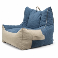 Fauteuil pouf moderne inclinable en mousse patchwork bleu beige avec poche latérale et poignée supérieure en tissu lin, canapé paresseux pour salon et chambre