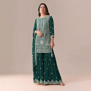 Salwar Kameez Verde Bordado para Mujer con Dupatta, Traje Tradicional Indio Pakistaní, Largo hasta el Suelo, Corte Holgado, Poliéster - Product Image 1