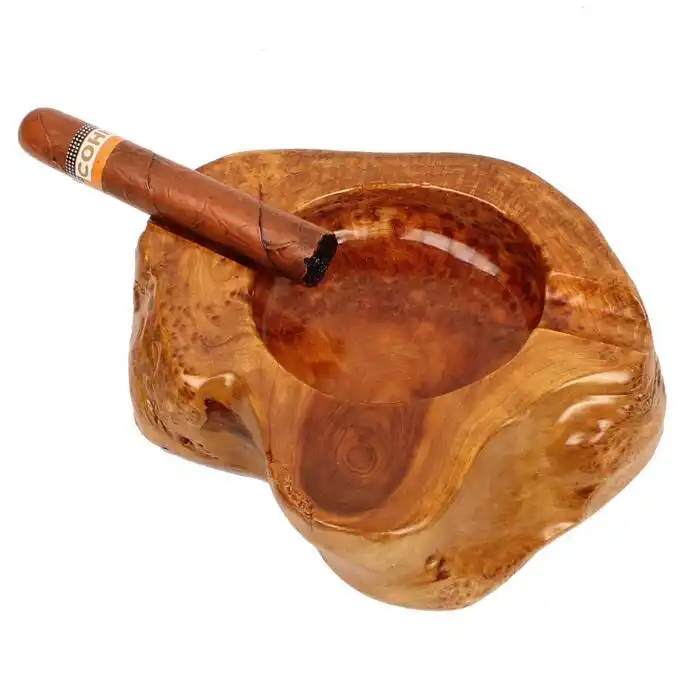 Natural Unique Handmade Carved Bowl Outdoor Windproof Stand Smoked Cigarette Wood Ash Tray Eco Wooden Cigar Ashtray for Car Home