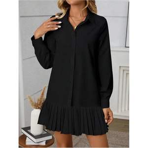 เดรสเชิ้ตผู้หญิงแบบติดกระดุม แขนยาว จับจีบ ทรงสวิง มินิเดรสลำลอง เอวธรรมชาติ ผ้าทอ - Product Image 2