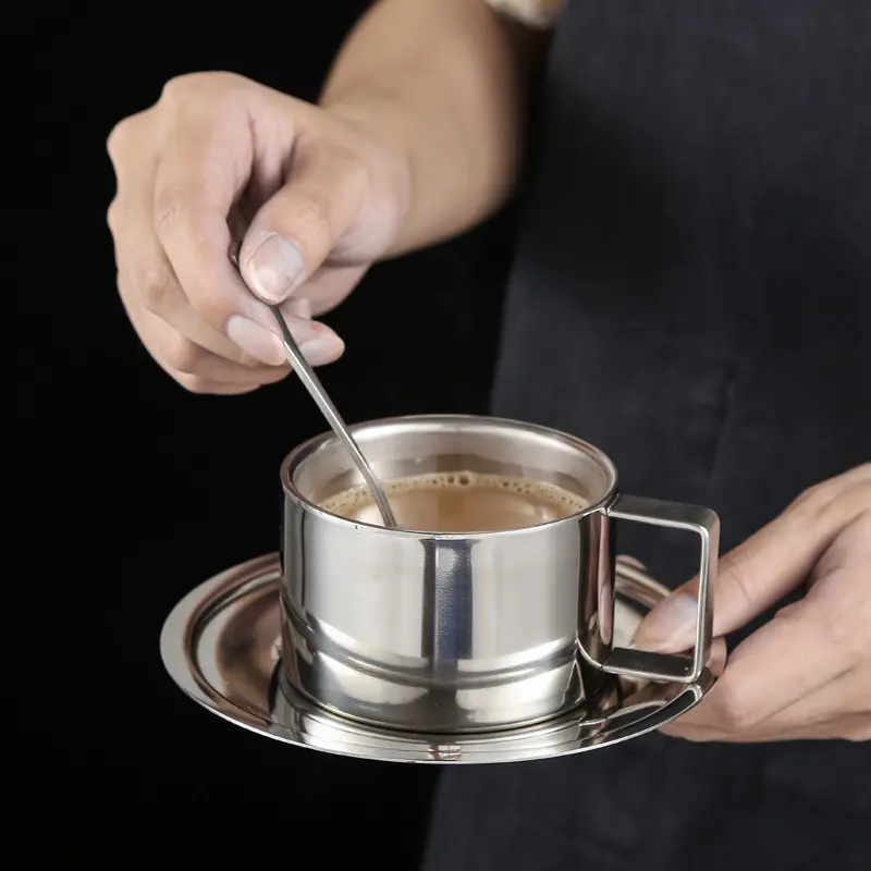Juego de tazas de té de acero inoxidable, ecológico, reutilizable, ecológico, personalizado, Juego de platillos con cuchara
