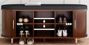 Adjustable <strong>Oak</strong> Mid-Century Modern Shoe <strong>Storage</strong> <strong>Bench</strong> with Cushion and Sliding Door for Entryway Hallway Living Room Hotel Use - Product Image 6