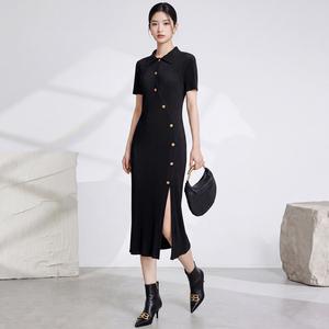 Robe crayon plissée élégante pour femme avec boutons sur le devant, style rétro d'été, fente, taille naturelle, tenue de bureau, écologique et lavable - Product Image 1