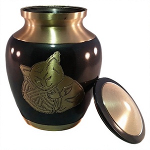 Brass Pet Cremation <b>Urns</b> Gold Color with Black Enamel Finished <b>Cat</b> Engraving Designs Latest Desgin For Pet Ashes Cremation <b>Urns</b> - Product Image 1