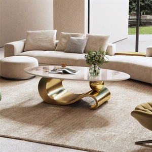 Mesa de <span class=keywords><strong>Centro</strong></span> Ovalada de Piedra Sinterizada de 49.2 Pulgadas, Base de Acero Inoxidable Dorado Contemporáneo, <span class=keywords><strong>Centro</strong></span> Moderno para Sala de Estar - Product Image 5