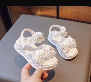 Sandales plates pour enfants à bout ouvert avec paillettes et perles, sandales pour petites filles avec perles - Product Image 5