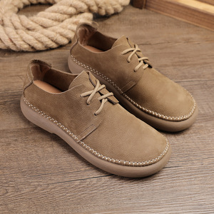 Chaussures de marche pour hommes en cuir véritable à lacets, bout rond, semelle en caoutchouc respirante, tige en cuir de vachette, couleur unie, style décontracté - Product Image 4