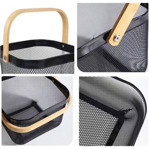 Hot Sale Black 4 Pack Hanging Storage <b>Shelf</b> Kitchen Storage Organization <b>Basket</b> Square Mesh Fruit <b>Basket</b> with Wooden Handle - Product Image 2